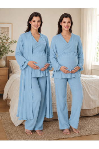 Effortt İndigo Müslin Kumaş Kruvaze Bağlamalı Emzirme Özellikli %100 Pamuk Hamile Lohusa Pijama Takımı Sabahlık 3088 Effortt İndigo Müslin Kumaş Kruvaze Bağlamalı Emzirme Özellikli %100 Pamuk Hamile Lohusa Pijama Takımı Sabahlık 3088
